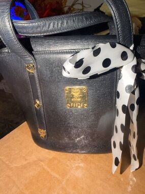 MCM Black Leather Top-Handle Tote with Gold Hardware and Polka Dot Scarf